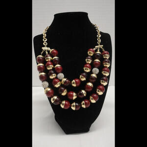 Three Tiered Beaded Costume Necklace Gold Toned Deep Red Beads Rhinestones Pave